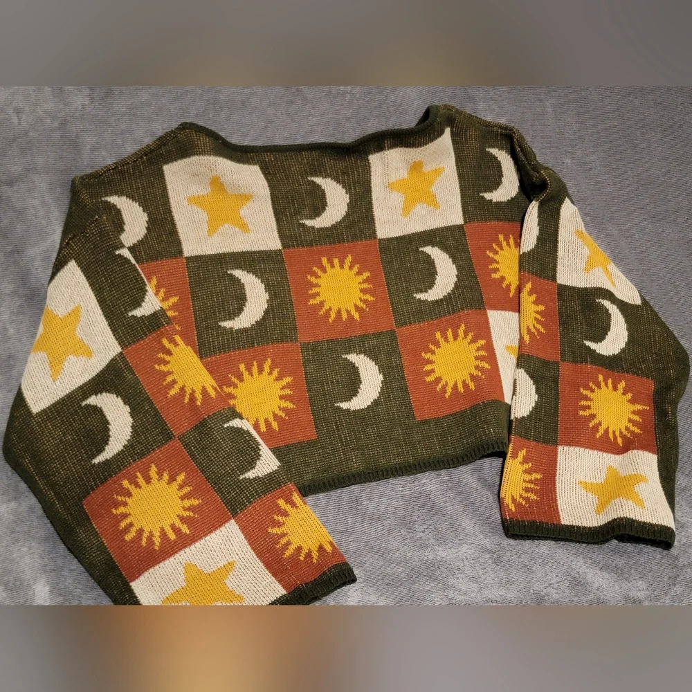 ROMWE Women's Sun and Moon Crop Patchwork Sweater Sz 2XL - Olive, Mustard, Rust - Picture 3 of 7